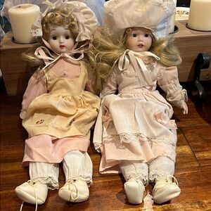 Porcelain Dolls in Cream and Pink Dresses